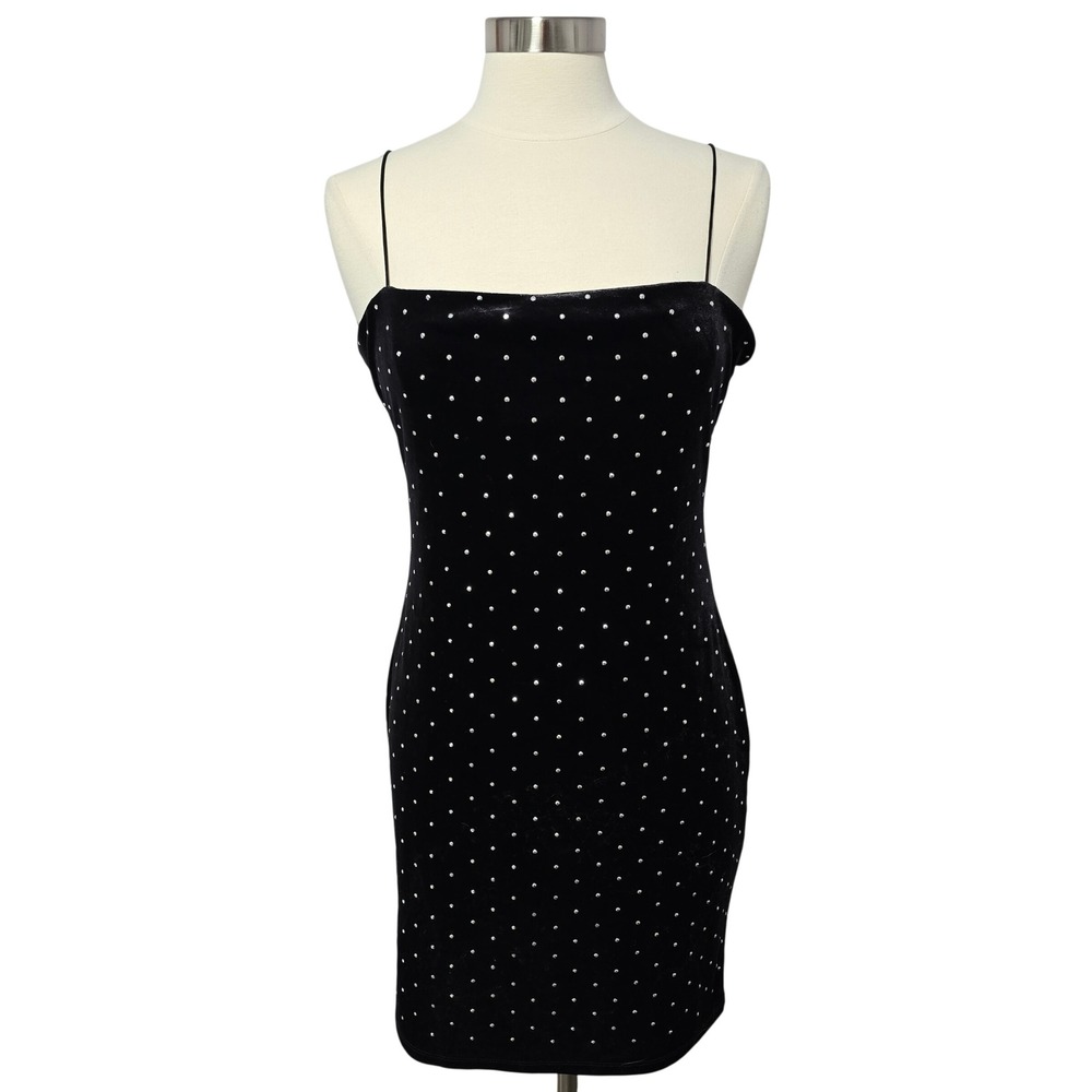 H&M Black Velvet Rhinestone Mini‎ Dress Thin Strap Party Clubwear Whimsigoth Med